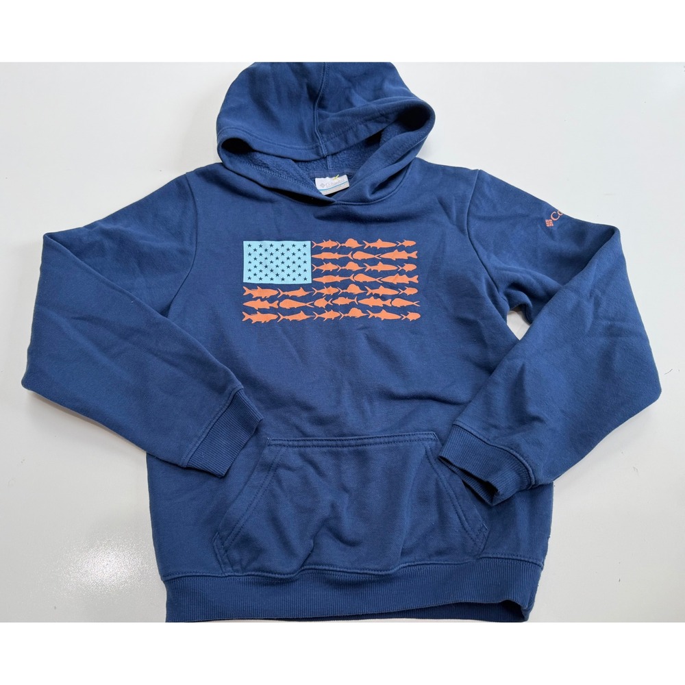 Columbia PFG Boys Navy Blue Fish Flag Fleece Hoodie Sweatshirt Size M 10/12